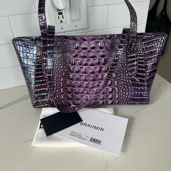 Brahmin Tonya Iridescent Passion Purple Croc-Embossed Leather Tote - Picture 3 of 6